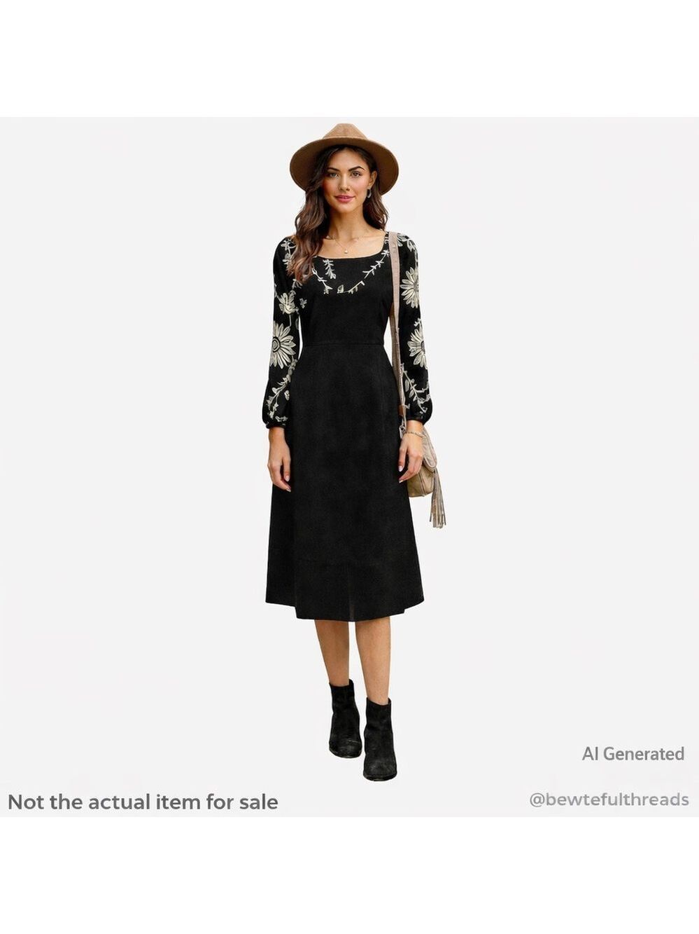 Moon Ports Black SZ 4 Wool Blend Dress Floral Print Sleeves Midi Career Cocktail